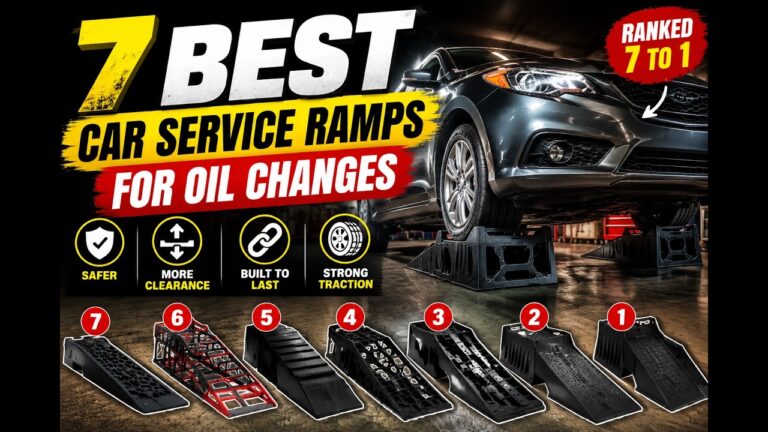 Car on service ramps above seven ramps ranked beneath the words 7 Best Car Service Ramps for Oil Changes