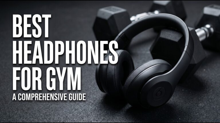 Over-ear headphones beside dumbbells beneath the words Best Headphones for Gym