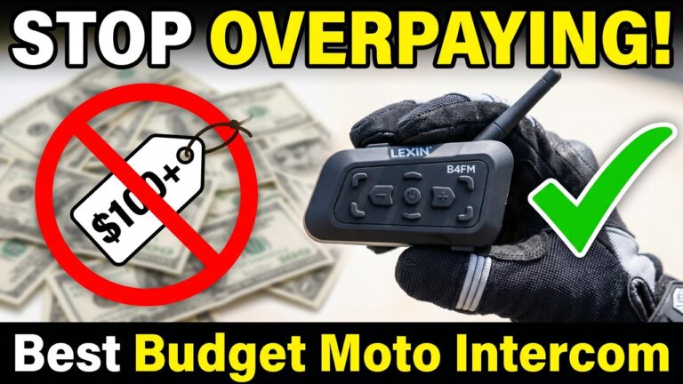 Gloved hand holding a LEXIN motorcycle intercom beneath the words Stop Overpaying