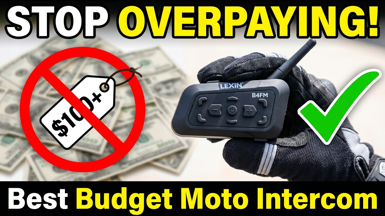 Gloved hand holding a LEXIN motorcycle intercom beneath the words Stop Overpaying