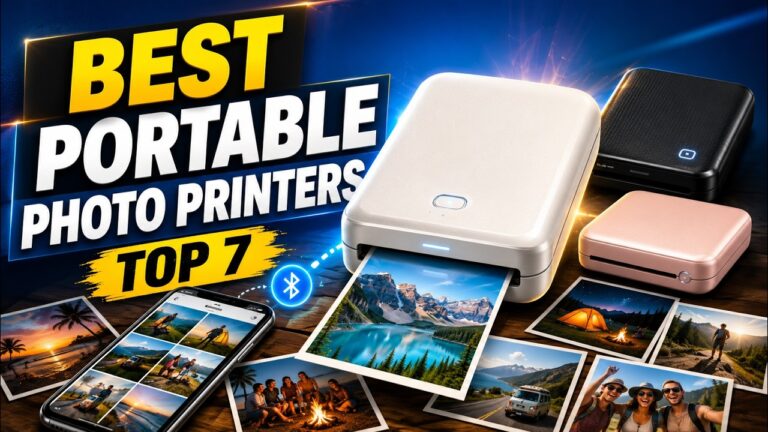 Portable photo printers with prints beneath the words Best Portable Photo Printers Top 7