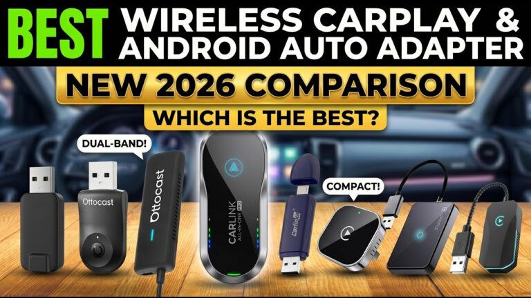 Wireless CarPlay and Android Auto adapters lined up beneath the words New 2026 Comparison