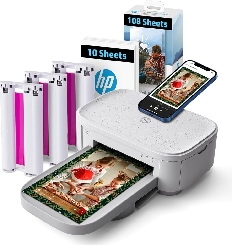 HP Sprocket Studio Plus 4x6 photo printer with paper and cartridges